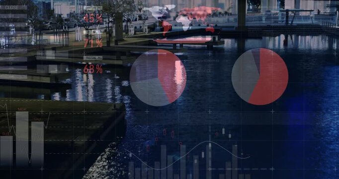 Central water analytics appearing after camera hold, circular charts pulsing to show live trends