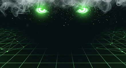 Fototapeta premium Pair of glowing neon eyes in purple and green colors on dark background