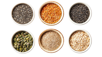 A selection of healthy seeds and grains in small bowls on transparent background