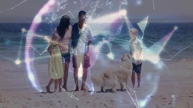 Family standing beach, boy offering green ball, dog chasing, animated tech globe forming around dog