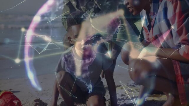 Child using pink-spade and green-mold on shore, parents leaning sharing joy, tech globe sparking