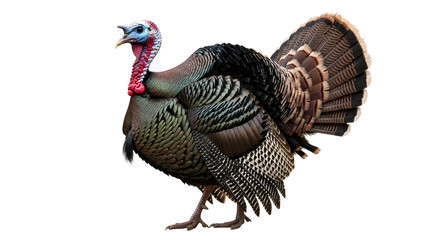 A majestic wild turkey displaying its colorful plumage and fanned tail feathers