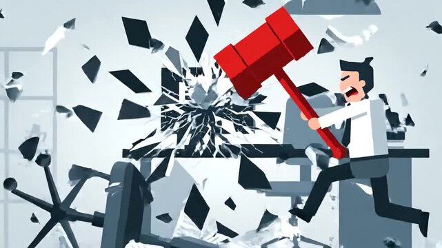 Man Smashing Office Furniture With Mallet.