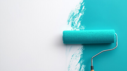 Obraz premium a Paint Roller Applying Vibrant Turquoise Color to a White Textured Wall. Home renovation and creative DIY concept for interior design blogs, home improvement stores, or repair services.