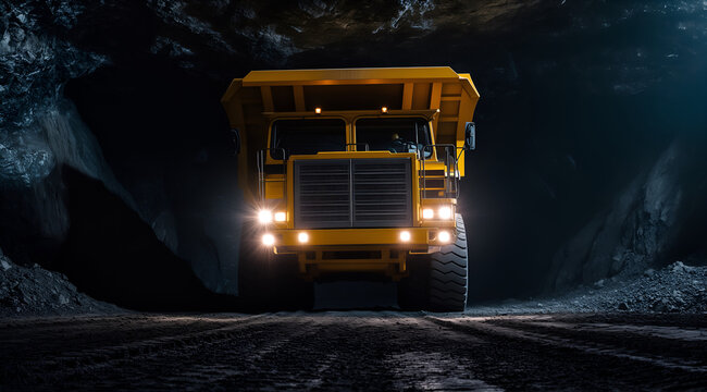 a Yellow Mining Truck with Headlights On Inside a Dark Underground Tunnel. Industrial concept for heavy-duty earthmoving equipment, subterranean mining operations, and resource extraction