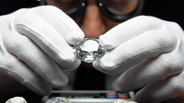 Gems and Minerals: Close-up of a Faceted Diamond and Rough Stones