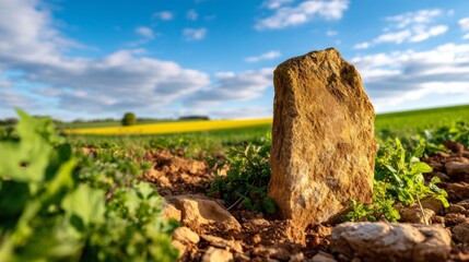 Uncovered Stone Milestone on an Open Pilgrimage Route Under a Blue Sky