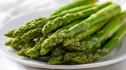 Freshly harvested green asparagus spears arranged on a white plate, ready to be cooked.