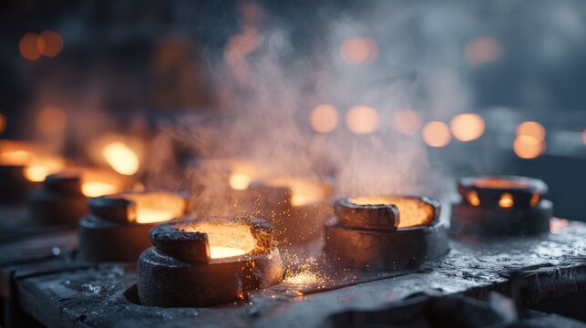 Steel industry casting molten steel into molds glowing metal on blurred background