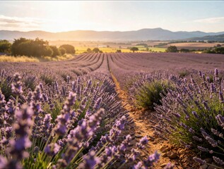 Obraz premium Wide rows of purple lavender flowers bloom in a vast field during sunset with distant mountains and a warm golden glow.