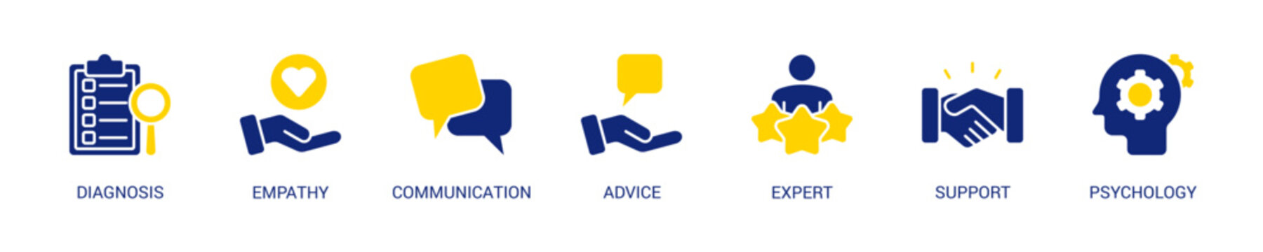 Counseling Solid Blue Yellow Color Icon Set For Web Banner. Vector Illustration Concept With Some Icons. Designed In Solid Blue Yellow Color Style