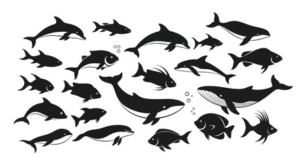 Collection of Diverse Marine Life Silhouettes Underwater Scene. © Ndog