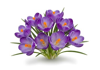 Obraz premium A cluster of purple crocus flowers with green stems and vibrant orange centers.