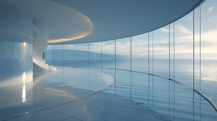Fototapeta premium Modern Architectural Interior with Panoramic Windows and Ocean View.