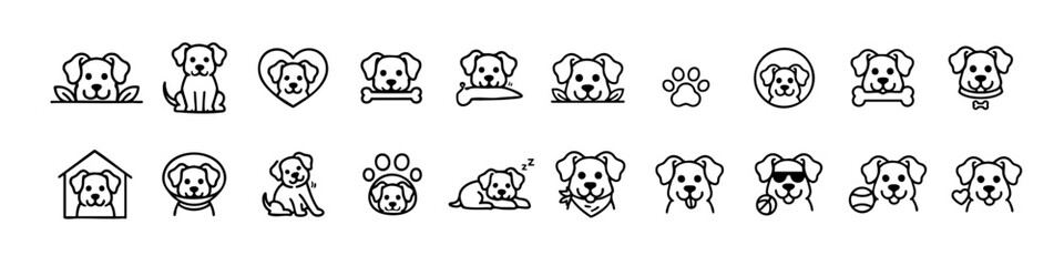 Cute Dog and Puppy Outline Icons Set