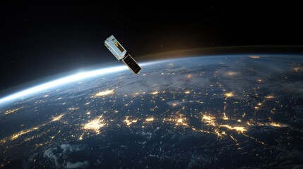 Obraz premium Satellite orbiting earth above illuminated cityscapes at night