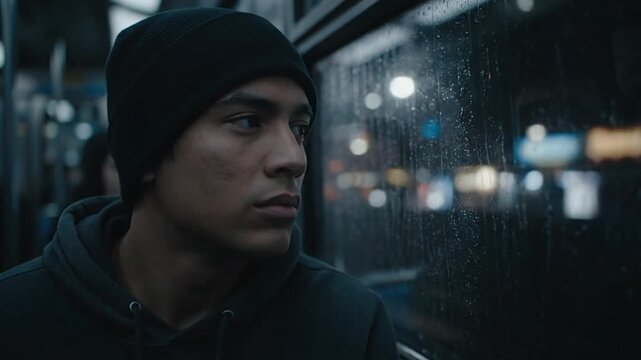 Young man in beanie looking out bus window on rainy night, city lights blurred