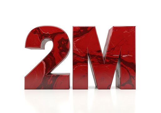 A 3d rendering of the text 2m with a red marble texture on a white background.