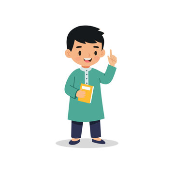 Flat vector illustration of a cute Muslim boy cartoon character wearing traditional Islamic clothes and cap, holding a book and raising his hand as a symbol of tawhid