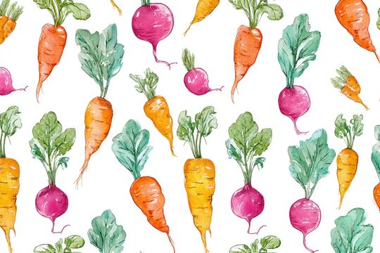 Watercolor pattern of carrots and radishes