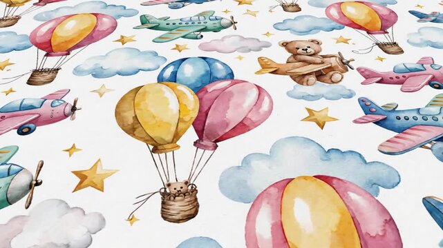 teddy bears flying with planes and balloons, nursery background