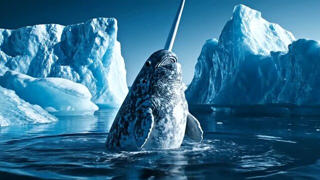 Narwhal swimming in icy Arctic waters.