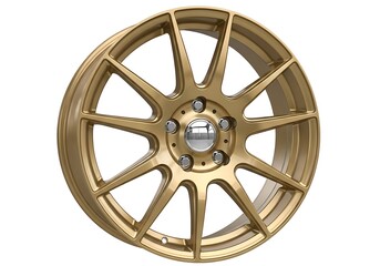 Obraz premium A gold alloy wheel with a distinctive eight-spoke design and silver center.