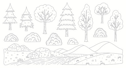 Obraz premium Collection of Hand Drawn Trees and Hills Landscape Elements.