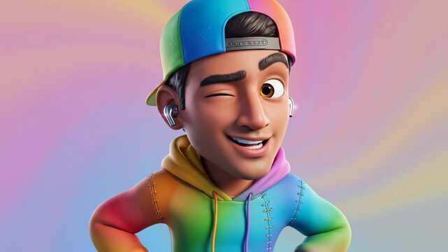 Vibrant 3D Animated Man in Rainbow Hoodie Winking Listening to Music