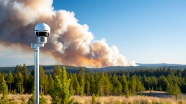 Advanced camera system detecting wildfire smoke in a forest landscape, enhancing safety measures