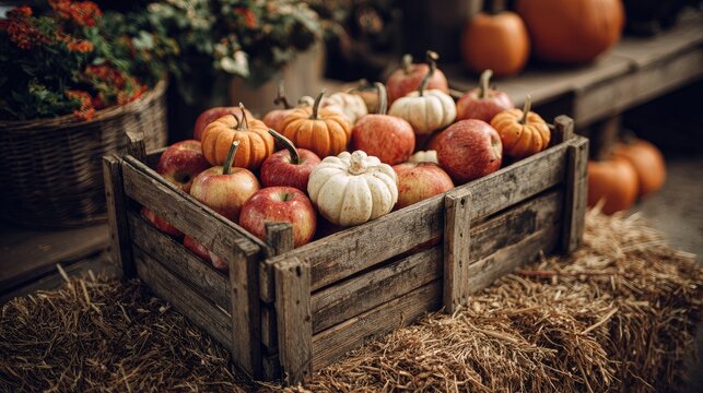 Wooden crate filled with apples and pumpkins