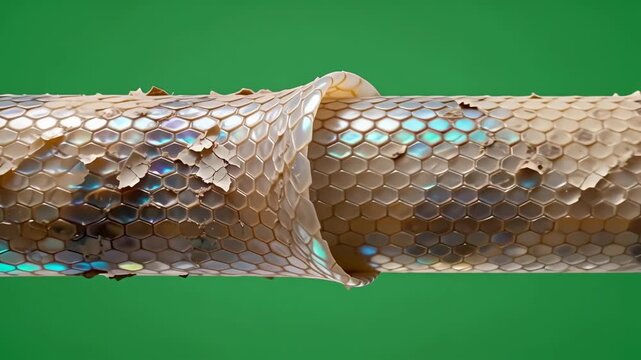 Macro Close-Up of Snake Shedding Iridescent Skin on Green Background