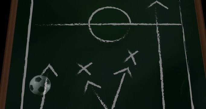 Male player reacting to ball rolling, kicking across board overlapping X marks to show soccer play