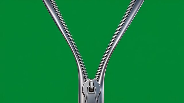 Metallic Zipper Opening Downward on Green Screen Background