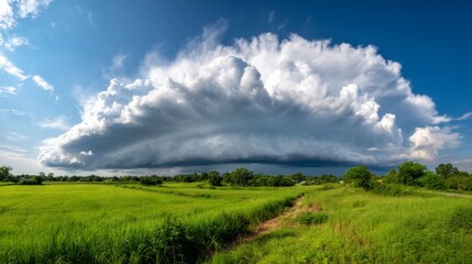 Obraz premium Dramatic Thunderstorm Anvil Cloud Spreading Across Vast Upper Sky in Open Landscape