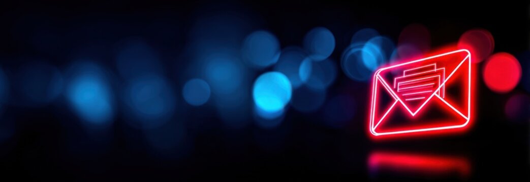 Red glowing email envelope icon with blue and red bokeh background, representing digital communication and email marketing concept.