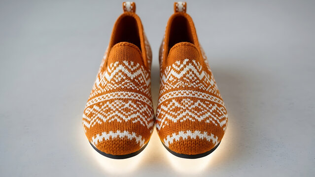 Pair of orange knitted slippers with white fair isle pattern and glowing soles desig