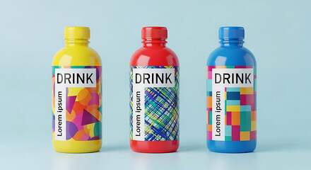 Three colorful drink bottles with abstract geometric labels on light blue background beverage liquid