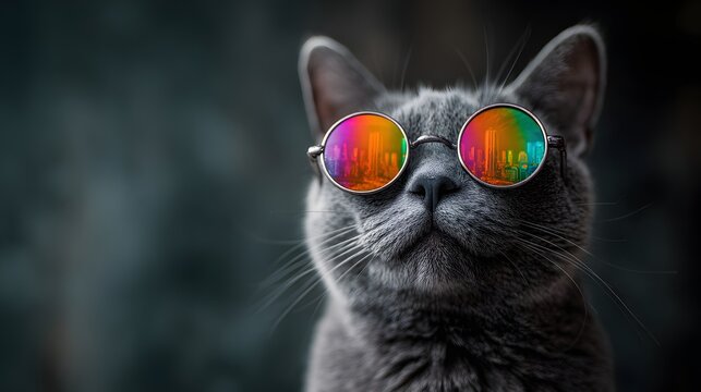 Cool Gray Cat Wearing Colorful Round Sunglasses Looking Up.