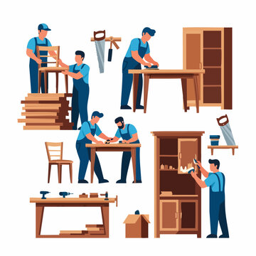 Collection of scenes with carpenters making and assembling furniture.