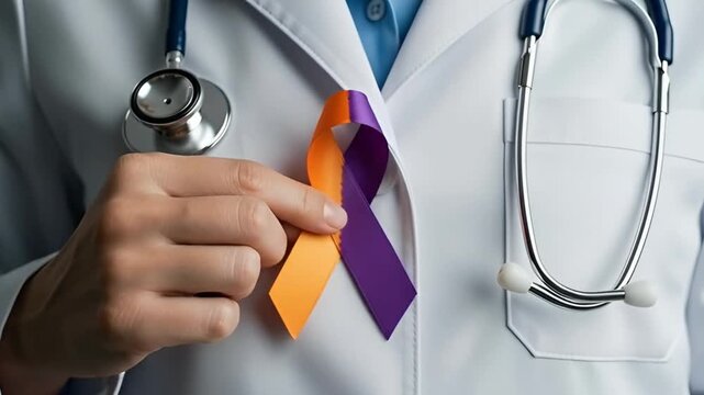 Doctor holding purple and orange awareness ribbon for Alzheimer and leukemia awareness, video 4k