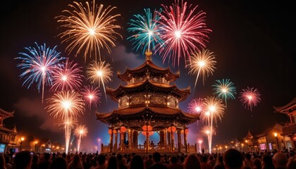 Obraz premium Spectacular Fireworks Display Over Traditional Chinese Pavilion During a Night Celebration, Long Exposure Shot Captures Light Trails and Colorful Bursts.
