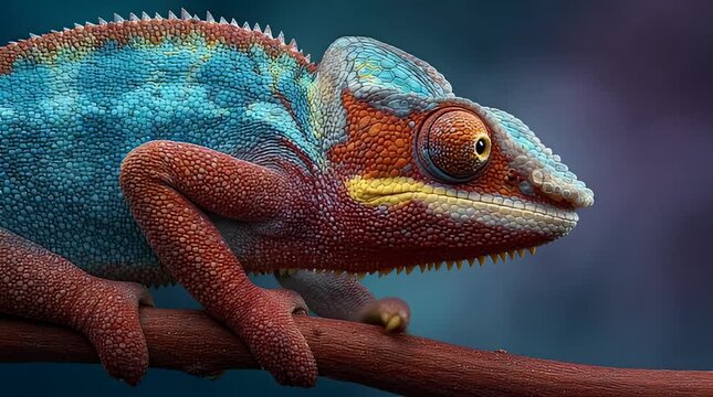Close-up view of a vibrant chameleon with intricate color patterns perched on a branch