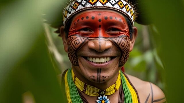 Indigenous man with traditional face paint and headdress smiling in the rainforest, video 4k