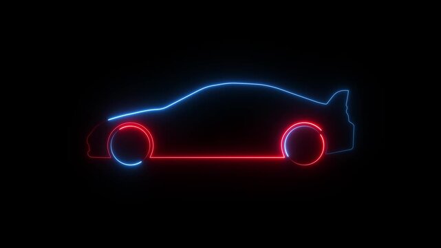 Neon sport car icon animation on black background. Glowing Car driving mode icon motion. sports car silhouette video footage.