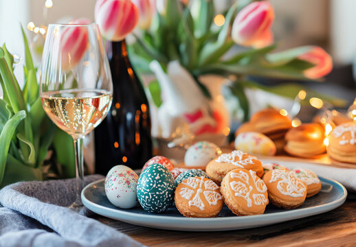 Colorful Easter Table Setting with Tulips, Sparkling Wine, and Festive Treats Featuring Pastry Cookies and Decorative Eggs for Spring Celebration