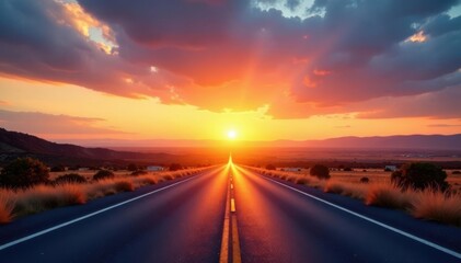 Empty highway stretches into breathtaking sunset panorama , golden hour, red, sky