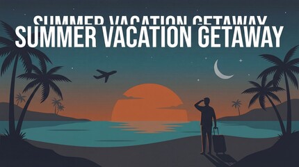 Obraz premium Summer vacation getaway illustration of a traveler watching the sunset on a tropical beach.