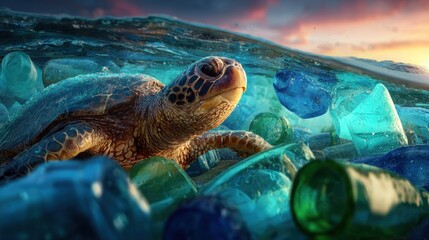Sea turtle swimming through ocean of plastic debris environmental concept