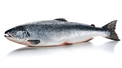 Obraz premium Freshly caught Atlantic salmon fish isolated on a clean white background, ready for cooking.